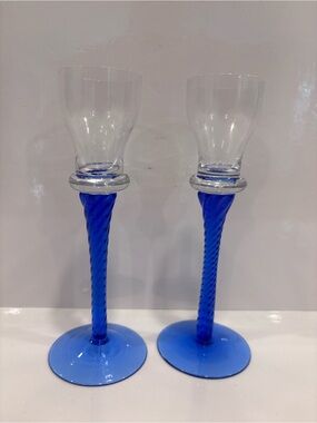 Pair of hand blown cobalt blue twisted stem candle holders Murano style